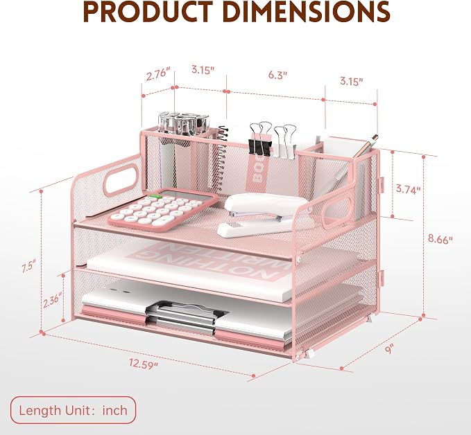 3-Tier Desk Organizer with Pen Holder and Handles, Paper Organizer, Pink | Desk Organizer and Paper Organizer for Desk with Pen Holder, Paper Trays and Handles for Files, Mail and Office Supplies