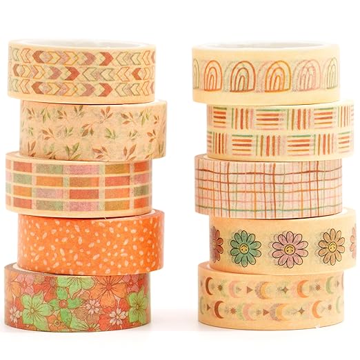 Boho Washi Tape Set 10 Rolls Cute Masking Graphic Floral Pattern Decorative Tapes for Arts, DIY Crafts, Journals, Planners, Scrapbook, Wrapping (Colors)