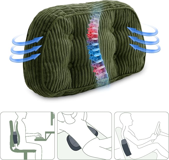 HIGOGOGO Lumbar Support Pillow for Recliner Chair/Accent Chair/Couch/Office Chair, Tufted Corduroy Back Support Cushion for Elderly, Recliner Cushions for Back Rest, Pain Relief, Reading, Dark Green