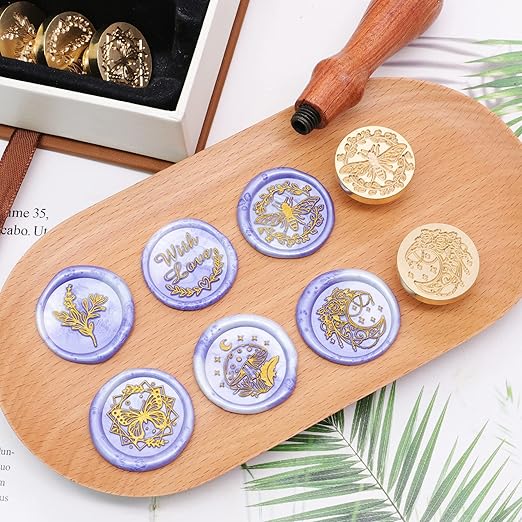 SWANGSA Wax Seal Stamp Set, Vintage 6 Pieces Sealing Wax Stamp Heads and 1 Wooden Handle for Wedding Party Invitations, Letters, Envelopes, Christmas (with Love Bee Moon Eucalyptus Set)