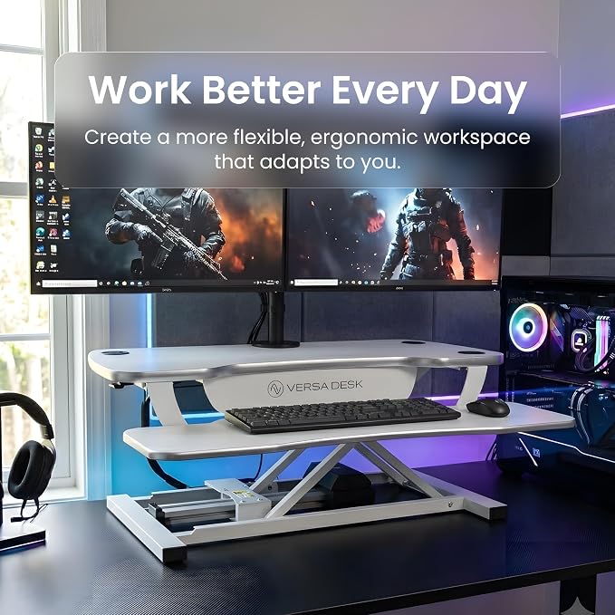VERSADESK PowerPro 36 Inch Electric Standing Desk Converter – Push-Button Height Adjustable Sit to Stand Desk Riser for Dual Monitors & Laptop – Motorized Desktop Workstation with Wide Keyboard Tray