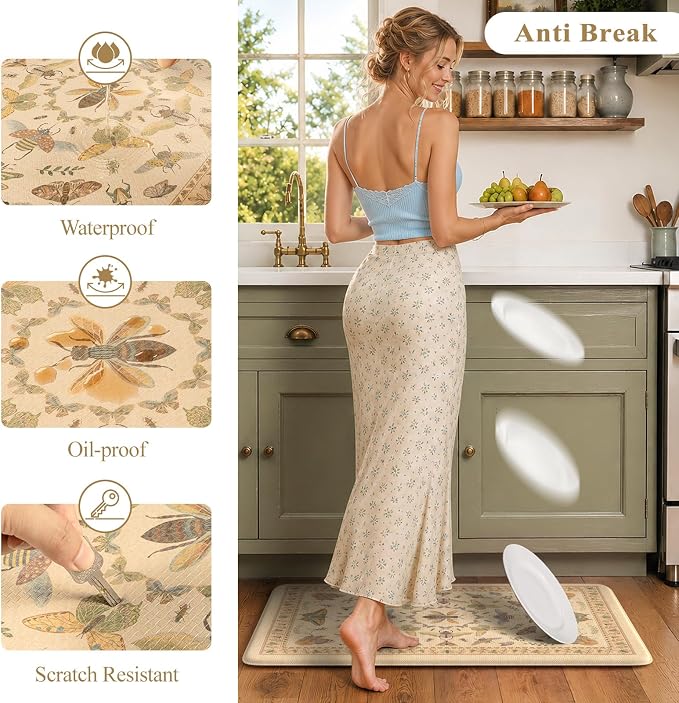 KIMODE Kitchen Mats for Floor 2 Piece Anti Fatigue Cushioned Kitchen Rugs | 17 x29+17"x47", Beige,Vintage Butterfly,Non Slip Waterproof,Memory Foam,Standing Mats,for Laundry Sink Office Home Decor