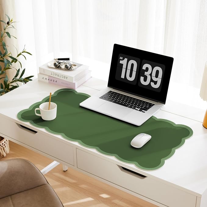 Scalloped Desk Mat, 31.5" x 15.7" Dark Forest Green Large Cute Aesthetic Desk Accessories, PU Leather Computer Laptop Desk Mouse Keyboard Pad, Desk Writing Mat for Vanity/Work/Home Decor