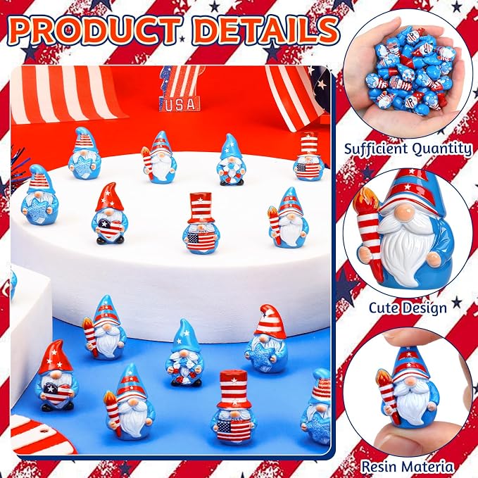 60 Pcs Patriotic Mini Resin Gnomes 6 Style 4th of July Tiny Gnomes Figures to Hide Independence Day Miniature Decor for DIY Craft Projects Party Favors and Desk Decor