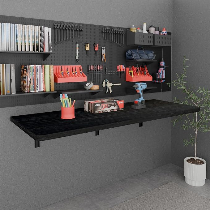 IAE Floating Wall Mounted Folding Table Desk with Pine Wood,55" x 22" Folding Workbench,Fold Down wall Mounted Foldable Table with Shelf Brackets,Laundry Folding Table for Apartment,Home,Kitchen,Black