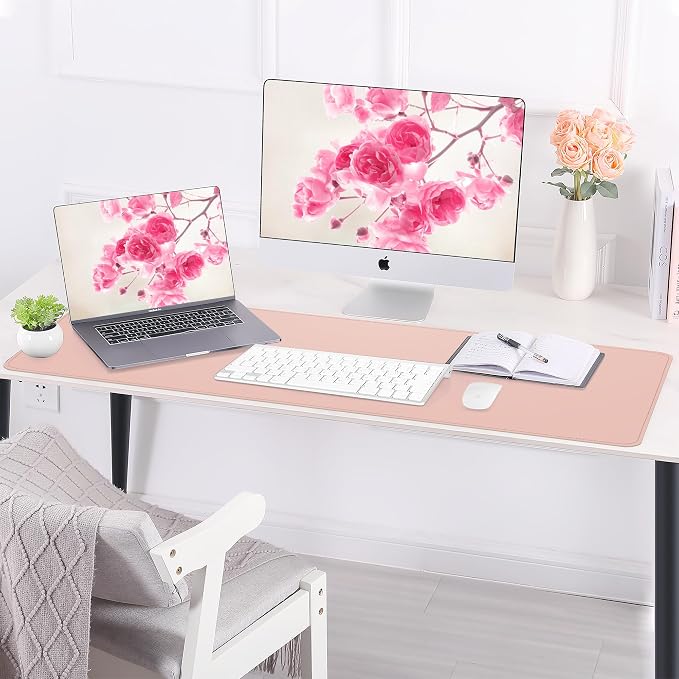 AFIING Large Desk Mat 47.2" x 17.5", Leather Desk Pad Protector with Natural Cork & PU Leather, Non-Slip Office Desk Mat, Double-Sided Mouse Pad, Waterproof Large Desk Pad for Office and Home (Pink)