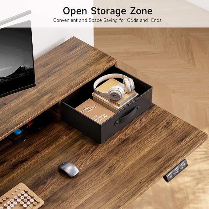 ONBRILL Standing Desk with Drawers, 63x24 Inch Electric Stand Up Desk with 3 Drawers and Open Storage Shelf, Adjustable Height 28-46 Inches for Home and Computer Workstation, Walnut