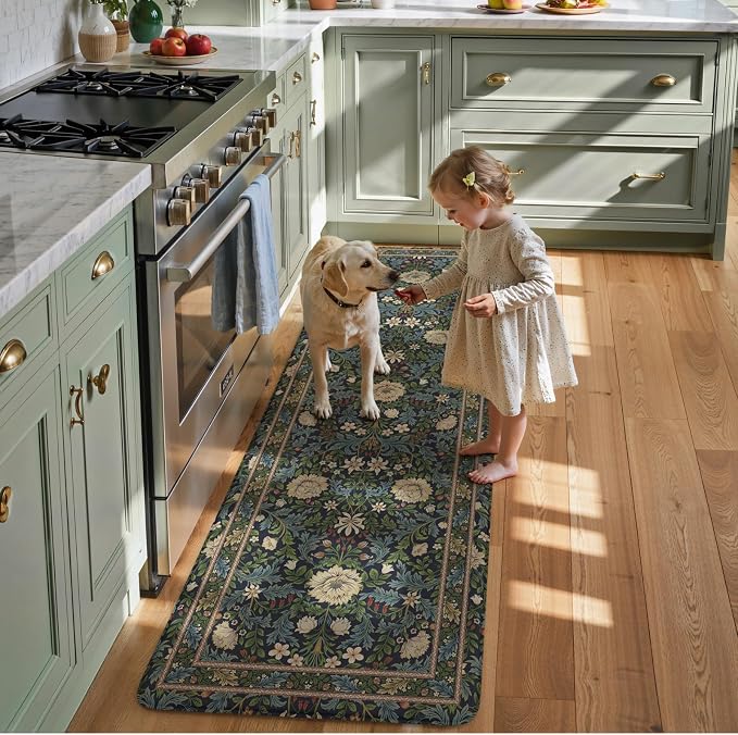 KIMODE Kitchen Mats for Floor Anti Fatigue,Cushioned Runner Rug | Black,Vintage Boho Floral Runner Rug Non Slip Waterproof, Wide Long Padded Kitchen Floor Mat for Laundry Sink Office Home