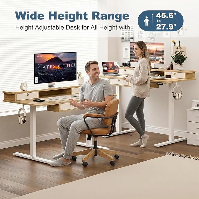 Grandder Electric Standing Desk with Four Drawers, Sit to Stand Up Height Adjustable Desk with Storage Shelf for Home Office, 55 * 28 Inch, Study, Ergonomic Adjustable Computer Desk, Oak