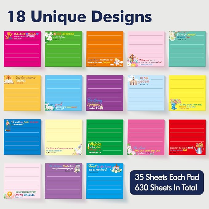 18 Pack Bible Sticky Notes with Lines, Inspirational Religious Christian Notepads, Bible Verse Quote Notepads for Message, Reminder, Gifts, Diary Lists, Office, School, Scripture Memo Pads (3” x 3”)