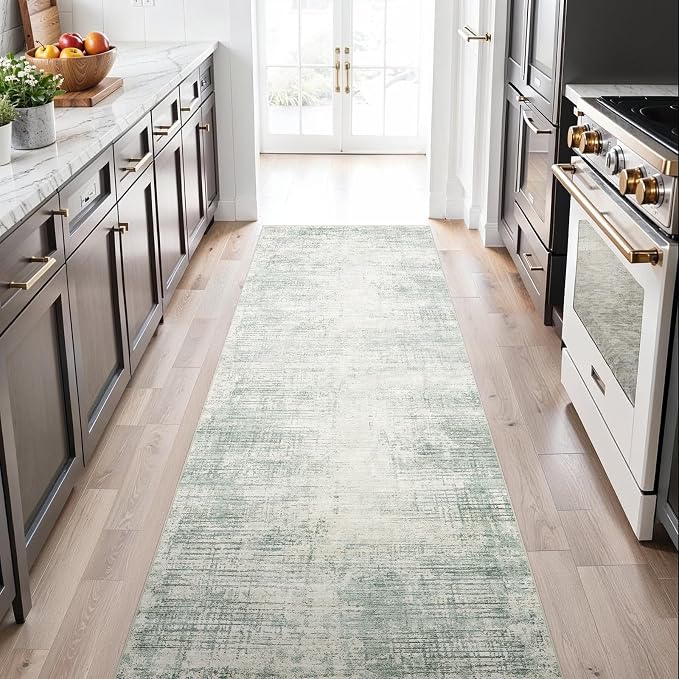 3x6 Hallway Washable Runner Rug - Non-Slip Kitchen Rugs with Rubber Backing Abstract Neutral Low-Pile Carpet Runners for Laundry Room Home Decor Bedroom Bathroom Entryway (Green,3x6)