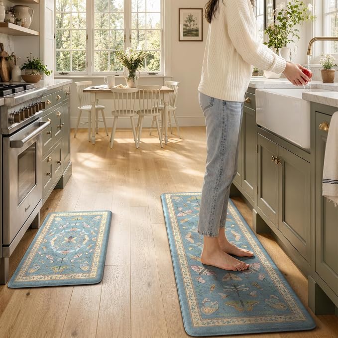 KIMODE Kitchen Mats Cushioned Anti Fatigue Kitchen Mats for Floor 2 Piece | 17 x29+17"x47", Blue,Vintage Butterfly,Non Slip Waterproof,Memory Foam,Standing Mats,for Laundry Sink Office Home Decor