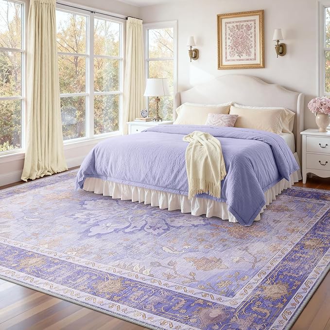 RELEANY Area Rugs Large 9'x12' Washable Non-Slip, Floral Vintage Distress Medallion Carpet for Living Room Bedroom Dining Room, Light Purple Brown