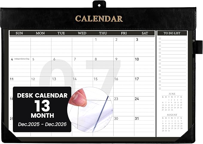 Yoment Desk Calendar 2026 Leather Desk Calendar with to-Do Lists, 13 Months Desk Pad Wall Calendar with Pen Holders PVC Cover for Work Office School Home Women Men, Jan 2026-Dec 2026, 17 x 12, Black