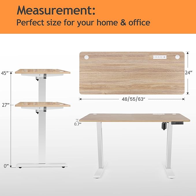 Electric Standing Desk with Wheels, 63'' x 24'' Standing Desk Adjustable Height with Charging Station, 2 USB Ports, 3 Power Outlets, 4 Caster, 27''-46'' Lifting Range Stand up Desk(Oak)
