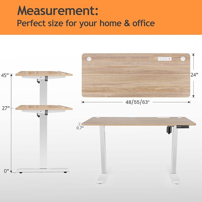Electric Standing Adjustable Height Desk 48'' x 24''Sit Stand Desk with Charging Station, 2 USB Ports, 3 Power Outlets, 27''-46'' Lifting Range Computer Workstations(Oak)