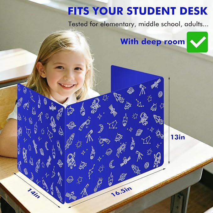 Blue 2-Pack Desk Dividers for Students, Space Style Plastic Study Carrel Divider, Durable Testing Dividers for Classroom Teacher Supplies, Easy to Clean Privacy Shield Folder Boards for Student Desk