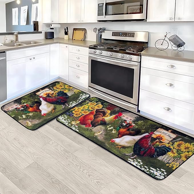 Voanos Rooster Kitchen Rugs,Non Skid Washable Microfiber mats for Kitchen Floor,Farmhouse Sunflower Kitchen Cushioned Runner Rug Decor Sets of 2, Size 17"x 47"+17"x 30"