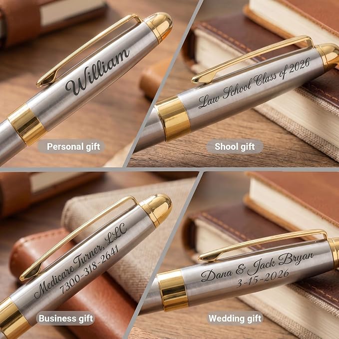 Ancolo Personalized Luxury Ballpoint Pen Writing Set-Stainless Steel Fancy pens Custom with Your Name or Message, Perfect for Students/Teacher/Manager/Lawyer/Professor 5PCS/Pack