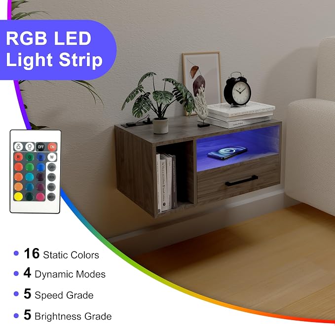 Homaterial Floating Nightstand with Charging Station and LED Lights, Floating Bedside Table with Drawers Wall Mounted Nightstands,for Bedroom Room, 21.3" x 11.8" x 10",Grayish Brown