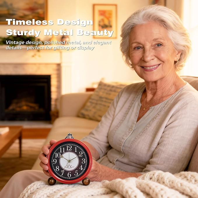 AYRELY® 5.3" Vintage Metal Analog Alarm Clock, Retro Desk and Table Clock | Antique Battery Operated Clock with Light, Elegant Bedside Gift for Bedrooms, Living Rooms, Shellf and Home Decor (Red-Black)
