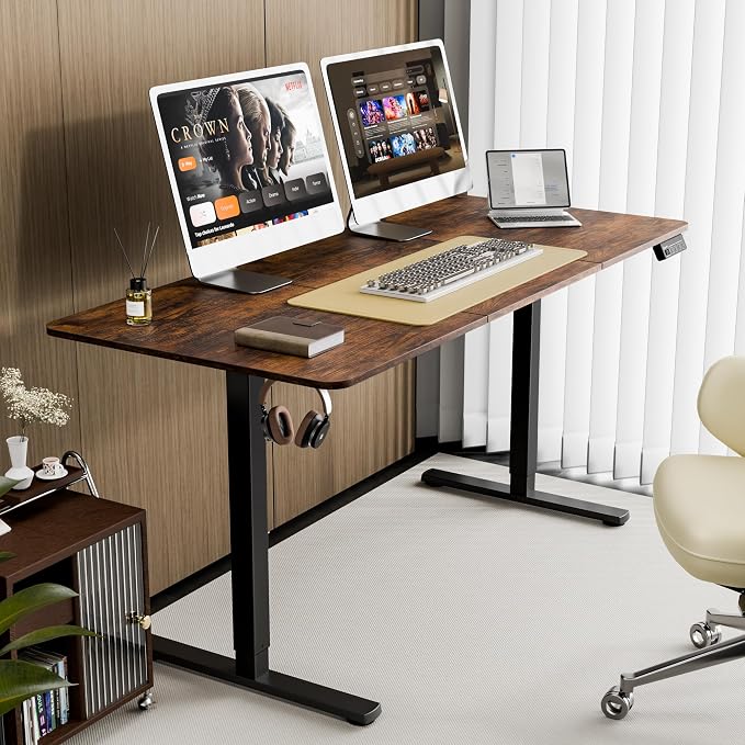 63"x28" Standing Desk, Height Adjustable Sit-Stand Home Office, Brown | Electric Adjustable Standing Desk, Sit to Stand Computer Office Desk with Splice Board, Memory Preset, Lifts 28.7''-46.5"