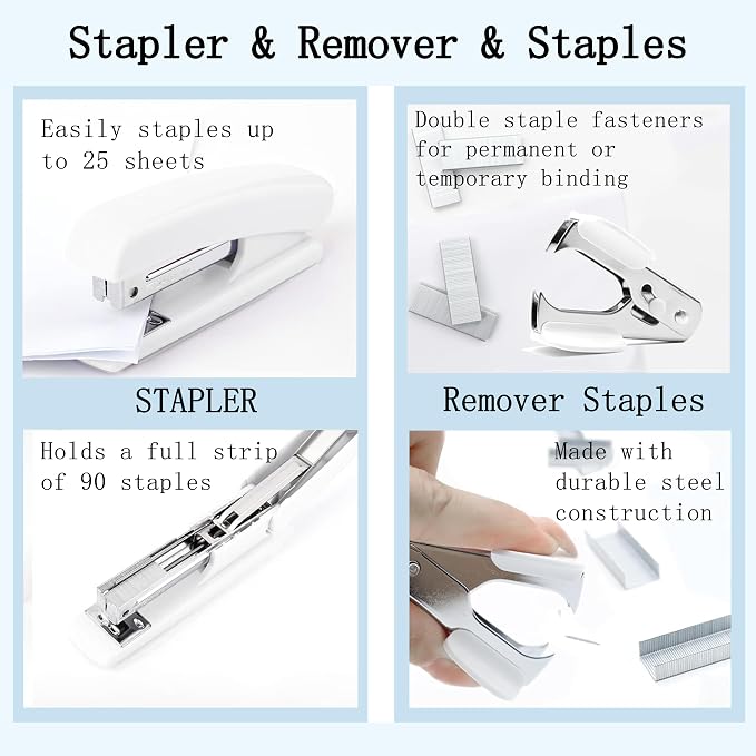 Dimonluce Office Desk Accessories, White Office Supplies Accessories with Tape Dispenser, Stapler, Staple Remover, 1000 Staples, Tape, Clips Set, Ruler, Scissor, Pen