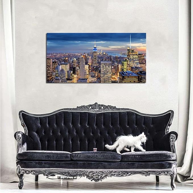 Large New York City Wall Art NYC Skyline Picture Office Wall Decor Modern Manhattan Cityscape Canvas Prints Night City Urban Skyscraper Panoramic Artwork for Bedroom Living Room Home Decoration 24x48"