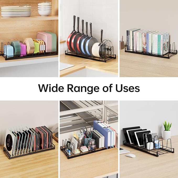 Expandable Food Container Lid Organizer with 9 Adjustable Dividers | Sturdy Metal Pots and Pans Organizer Rack for Home Kitchen Cabinets, Drawers, Pantry Shelves, Countertops, 8.15" Wide, Black