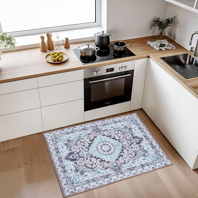 Macgace 2x3 Small Area Rug for Entryway, Soft Washable Rugs with Non-Slip Backing for Bedroom Kitchen, Vintage Throw Carpet Laundry Entry Door Decor, Blue & Brown