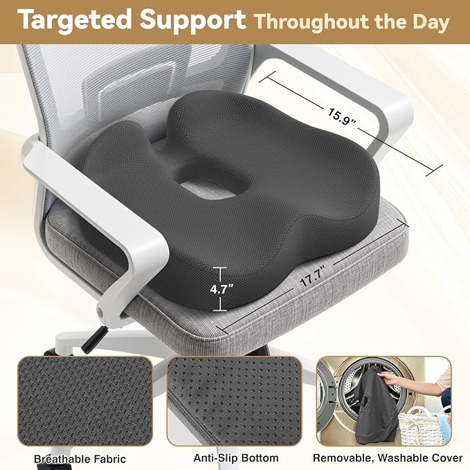 TushGuard 6-Zone Ergonomic Seat Cushion with Coccyx Cutout, Grey | Office Chair Cushions for Tailbone Pain, Non-Slip Bottom, Breathable Washable Mesh, Versatile Use for Car, Office, Wheelchair