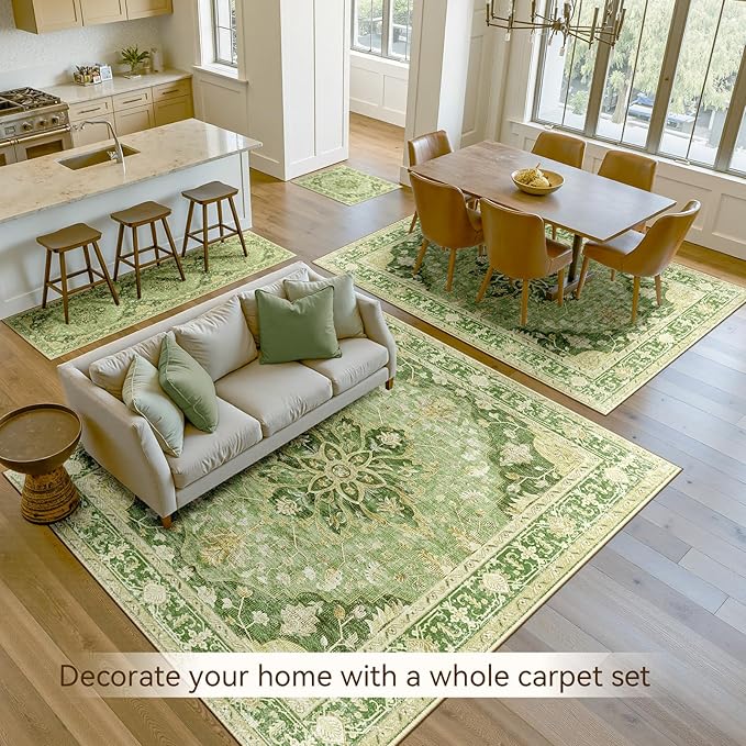 RELEANY Area Rugs 6'x8' Washable Non-Slip, Floral Vintage Distress Medallion Carpet for Living Room Bedroom Dining Room, Sage Green Yellow