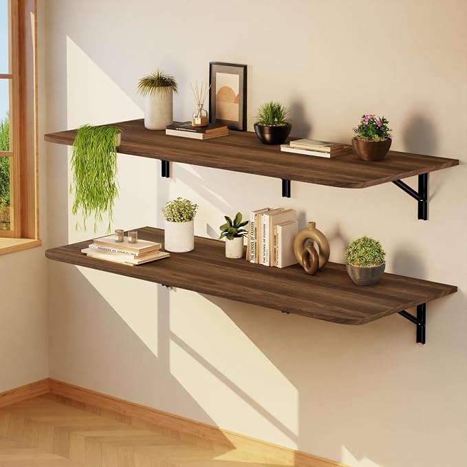 IAE Wall Mounted Floating Foldable Desk, 55" x 22" Folding Computer Workstation Table with Engineered Wood and Metal Shelf Brackets,Fold&Floating Design for Home Office, Apartment,Laundry Room,Walnut