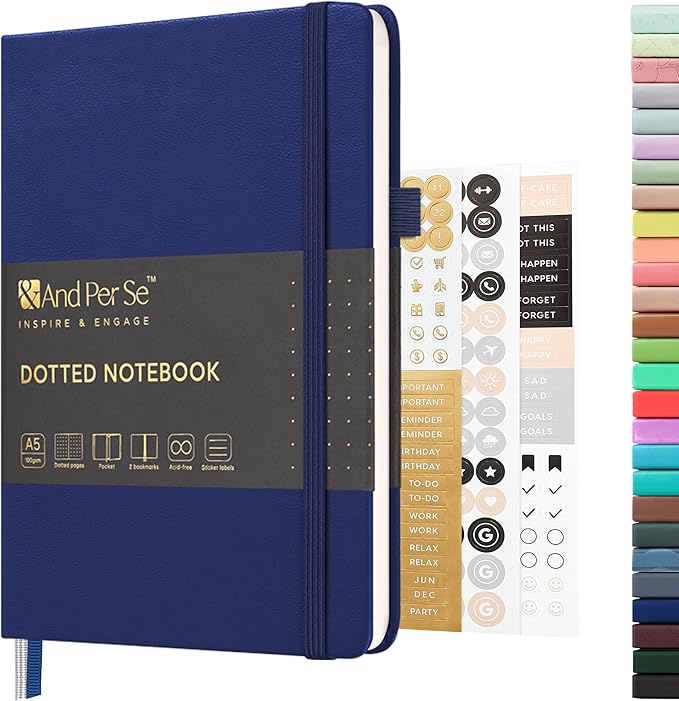 &And Per Se Dotted Journal Notebook, A5 Hardcover Leather Dotted Journal, 160 Pages 100gsm Thick Dot Grid Paper, 3 Sheets of Stickers Included - 5.7'' x 8'' (Royal Blue)