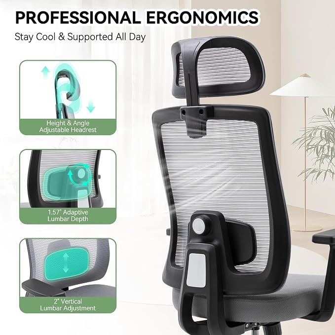 Office Chair with Mesh High Back, Ergonomic Office Desk Chair with Adjustable Lumbar Support, Rolling Work Chairs with Wheels and Headrest, Grey