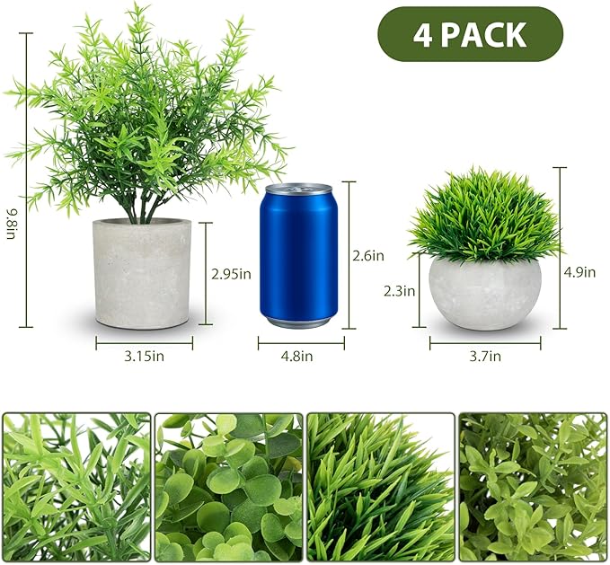 ZAIYW 4 Pack Small Fake Plants Indoor, Mini Potted Artificial Plants Eucalyptus Rosemary for Home Kitchen Office Balcony Desk Table Farmhouse Bathroom Shelf Decor
