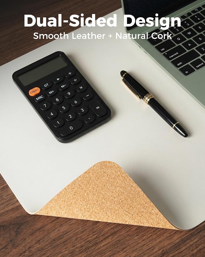 Aothia Dual-Sided Desk Mat - Leather & Cork Desk Protector, Large Mouse Pad & Writing Pad, Waterproof, Off-White (35.4" x 15.7")
