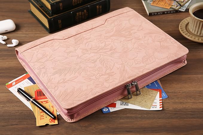 Vegan Leather Padfolio Binder, Personalized 3 Ring Binder for Women, Pink Leather, Handmade Portfolio Organizer, Engraved Resume Folder (Pink Pattern, Custom)