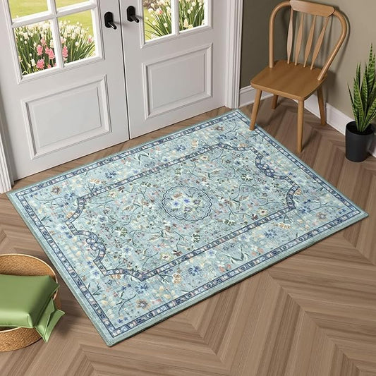 Vasofe 2x3 Area Rug for Bedroom, Small Rugs for Entryway, Kitchen, Bathroom, Non-Slip Washable Carpet Soft Low Pile Vintage Floral Teal Mat Front Door Mats for Indoor Entrance