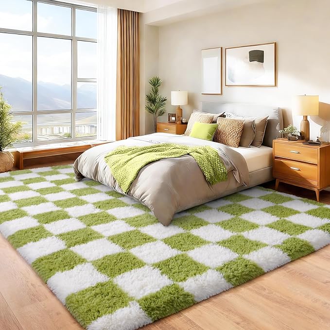 Area Rugs for Living Room 9x12, Ultra Fluffy Shag Checkered Rug Modern Washable Carpet Soft Shaggy Non Slip Indoor Plush Fuzzy Rugs for Bedroom Dorm Office Home Aesthetic Decor, Cream and Green