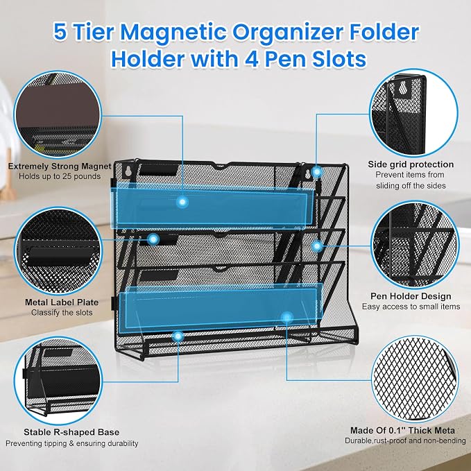 Magnetic File Holder, Magnetic File Organizer, 5-Tier Wall Organizer for Office with 4 Pen Slots, Vertical Hanging File Folder Holder with R-shaped Bottom Tray, Organization for Workspace