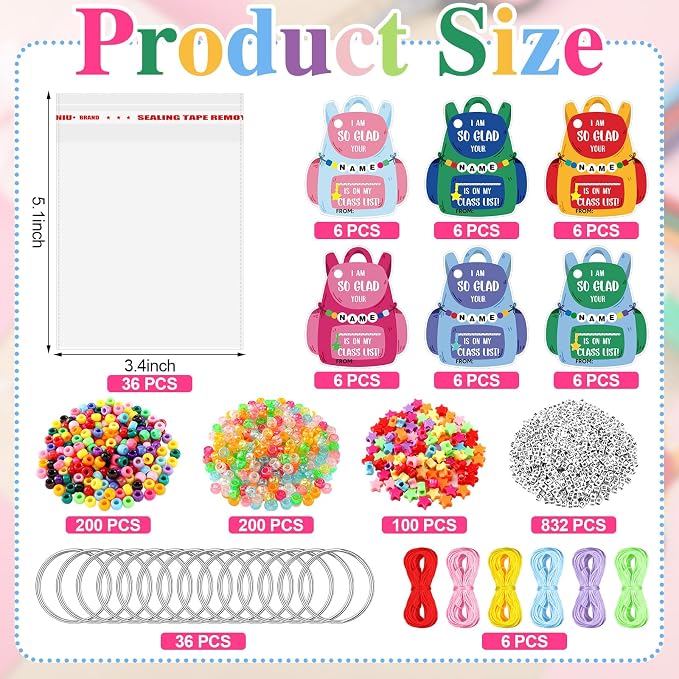 Cunno 1446 Pcs 36 Set Back to School DIY Bead Keychain Making Kit Key Chain Crafts Alphabet Bead Jewelry Key Ring Welcome First Day of School Gift Swaps Graduation Party Favors(Bright Cute)