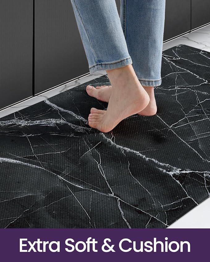 DEXI Kitchen Floor Mats Cushioned Anti Fatigue, 23x107 Black Marble | Runner Rug Wide Standing Comfort, Waterproof Oil-proof, Memory Foam Padded for Front Sink Laundry