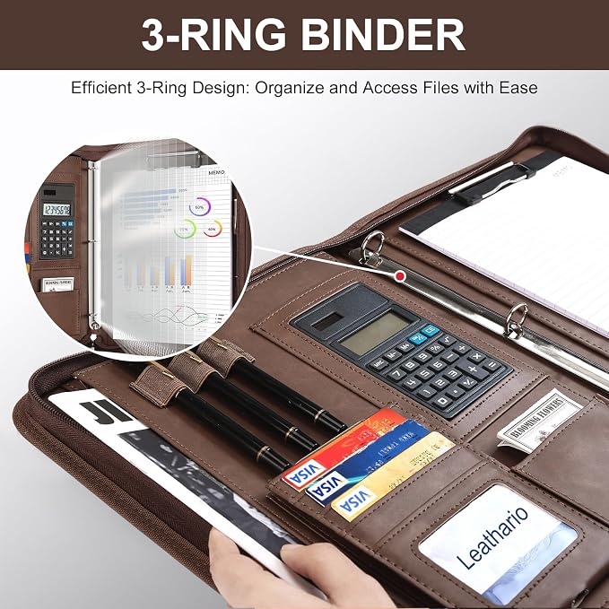 Leathario Portfolio Binder, 3-Ring Folder Organizer, Includes 10 Sheet Protectors and a Pen, Vegan Leather A4 Padfolio for Tablets, Business Conferences Professional Document Organizer