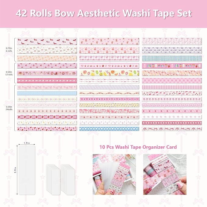 Bomichi Washi Tape Set - 42 Rolls Cute Pink Bow Decorative Tape for Bullet Journaling, Scrapbooking, Gift Wrapping, DIY, Greeting Cards, Planners, Party Supplies