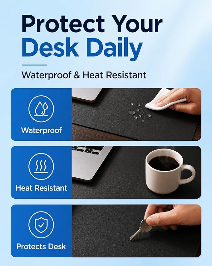 Aothia Dual-Sided Desk Pad - 37.8x17 inches Leather Desk Mat, Natural Cork Desk Pad Protector, Large Mouse Pad for Desk, Waterproof Desk Blotter Pad, Desk Writing Pad for Office Work/Home, Black