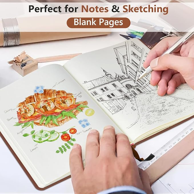 PERCUN Blank Journal Ntebook for Men & Women, 160 Pages Leather Journals for Writing, Drawing Sketch Book,5.9" x 8.5" Hardcover Sketchbook, Unlined Notebooks for Work, School, Art (Brown)