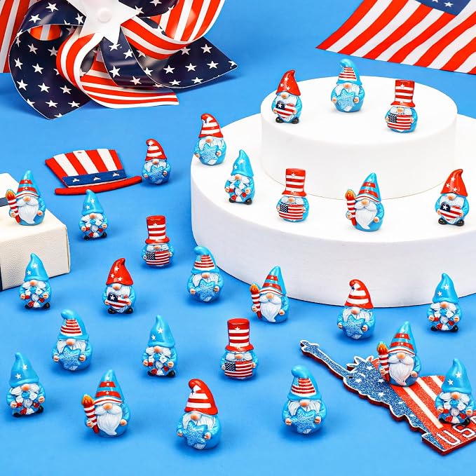 60 Pcs Patriotic Mini Resin Gnomes 6 Style 4th of July Tiny Gnomes Figures to Hide Independence Day Miniature Decor for DIY Craft Projects Party Favors and Desk Decor