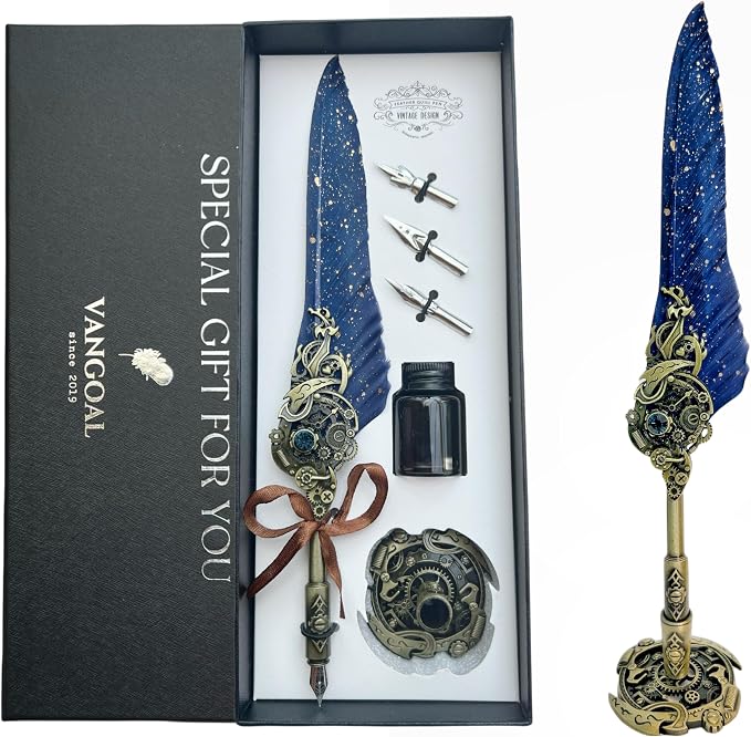 VANGOAL Steampunk Feather Pen and Ink Set with Gift Box, Vintage Quill Pen for Writing, Calligraphy Pen Set for Office Supplies, Birthday, Wedding, Christmas Gift (Blue)