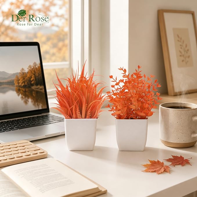 Der Rose 2 Pack Fake Plants Maple Red Artificial Potted Plants for Fall Decor
